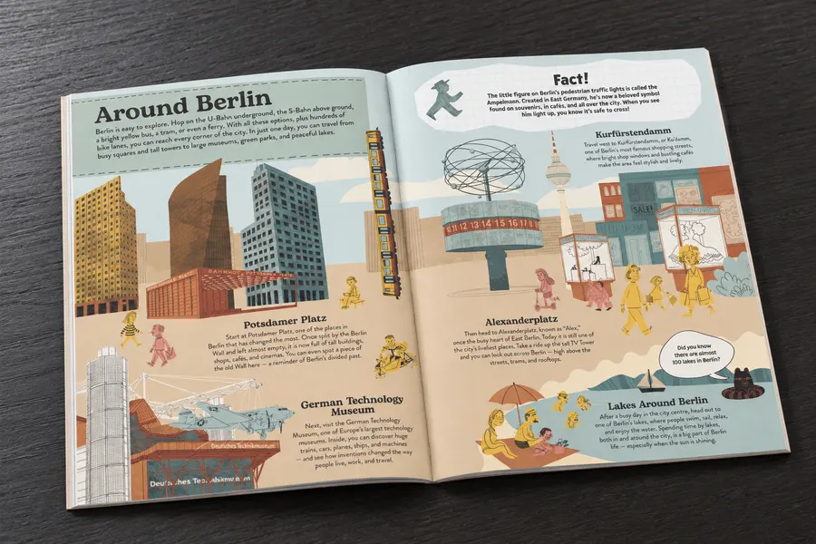 Let's go! Berlin book spread: Around Berlin, with Potsdamer Platz, Alexanderplatz and city lakes illustrated